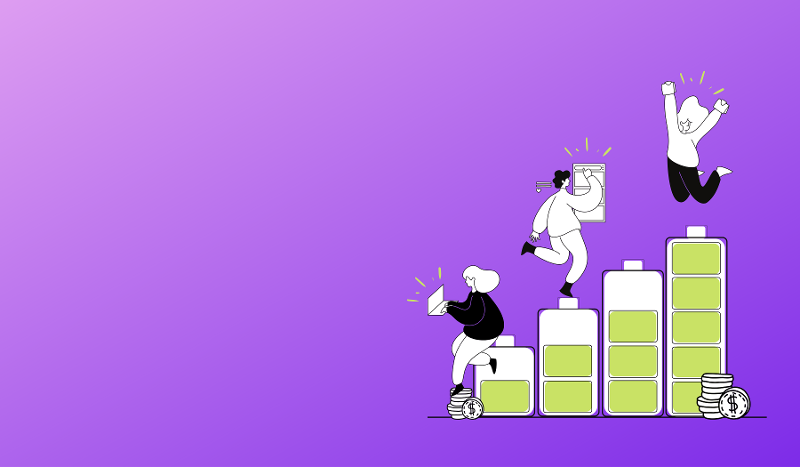 5 Ways to Supercharge Your Content Marketing Efforts. Image contents: Purple gradient background. Illustration of a bar graph made of batteries with people standing on them.