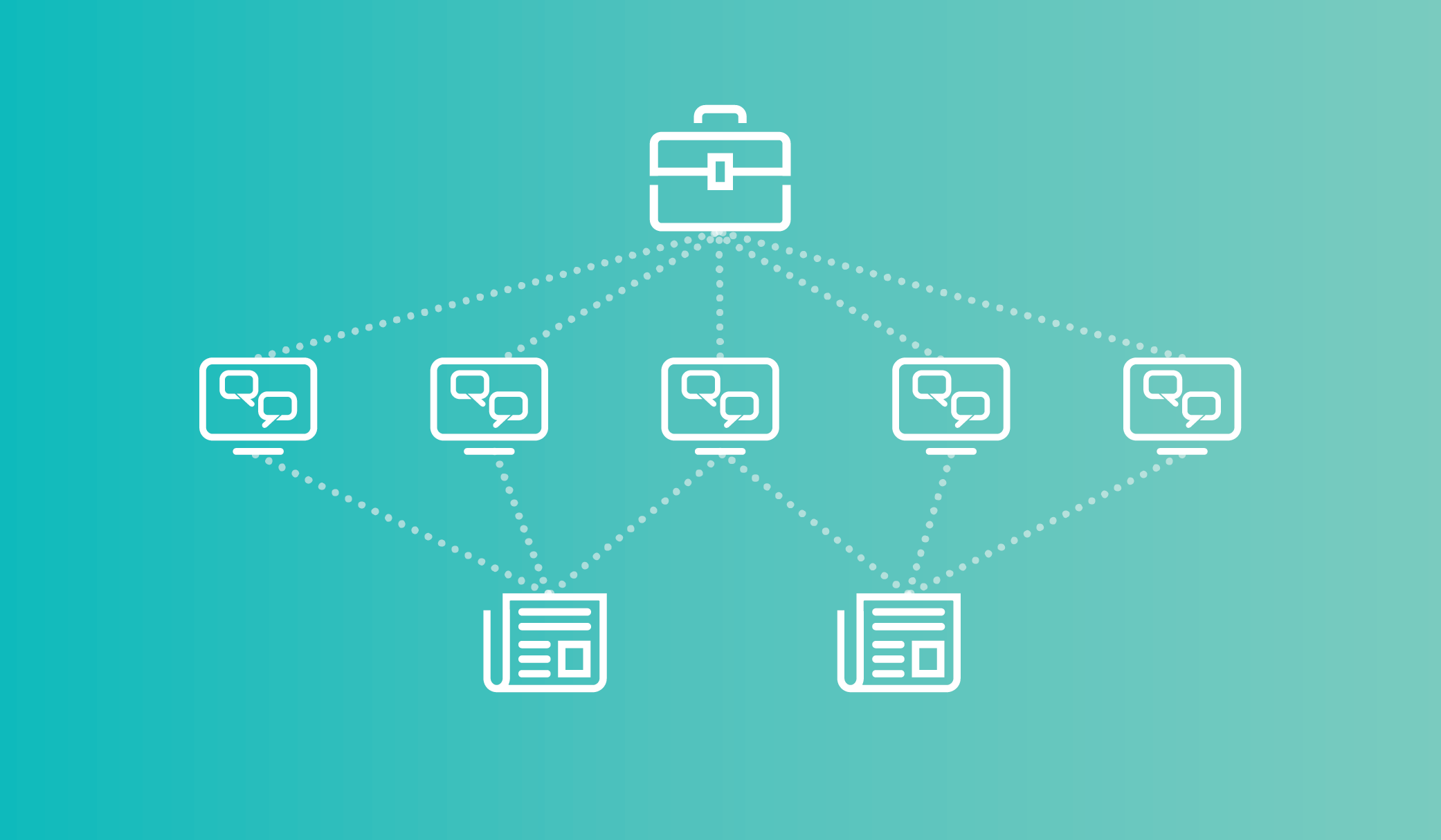 Customizable Content Map. Image contents: Blue-green gradient background. Flowchart: A briefcase icon in the top row, 5 computer icons in the second row, and two newspaper icons in the third row.