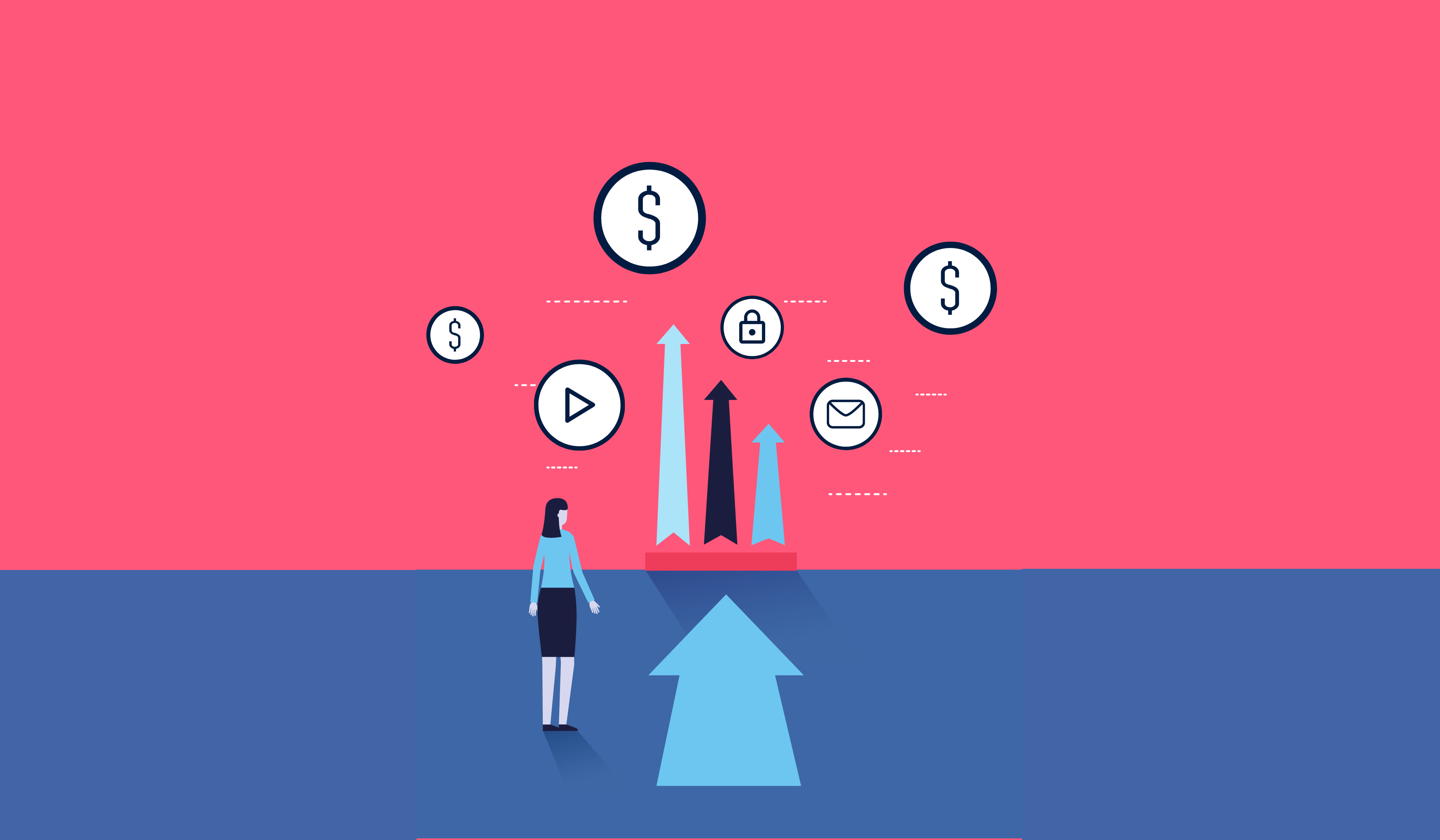 Pink and blue background with dollar sign and play button icons along with a person and 4 arrows