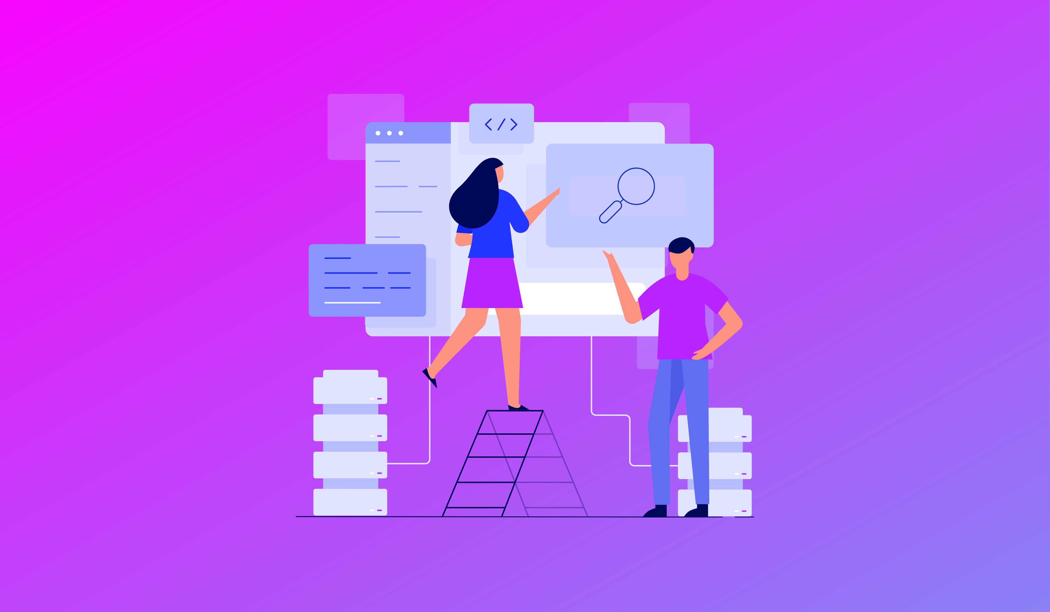 How We Helped a Contingent Workforce Company Improve SEO. Image contents: Purple and magenta gradient background. A collage of webpages. A man standing and pointing at a page with a magnifying glass on it. A woman on a ladder pointing at the same page.