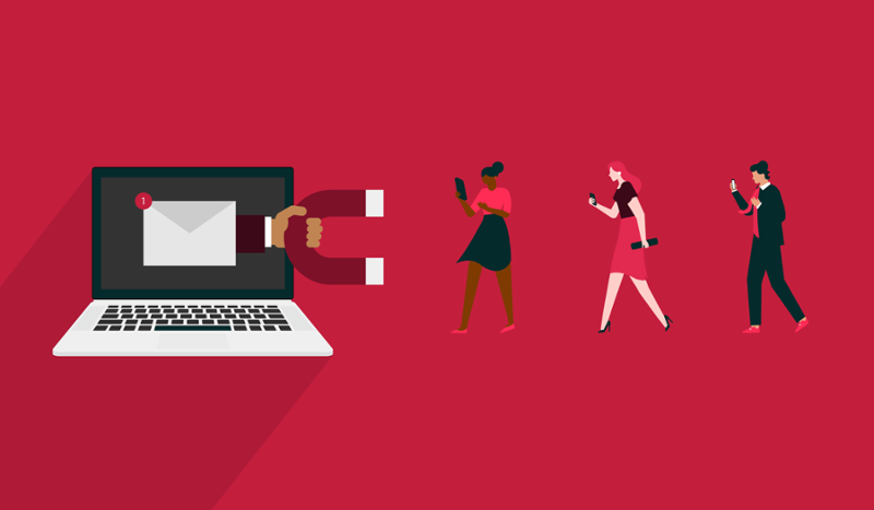 How to Write Emails Your Leads Will Actually Respond To. Image contents: Red background. A laptop illustration has an envelope on the screen. A hand is reaching out of the laptop holding a magnet. Three people are walking toward the magnet.