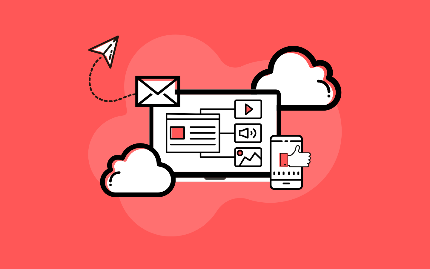 Q&A: How to Transition to Digital. Image contents: Red background. Illustration: A computer screen with multiple windows open. A smartphone with a thumbs up on the screen. An envelope with a paper airplane coming from it. Two clouds.