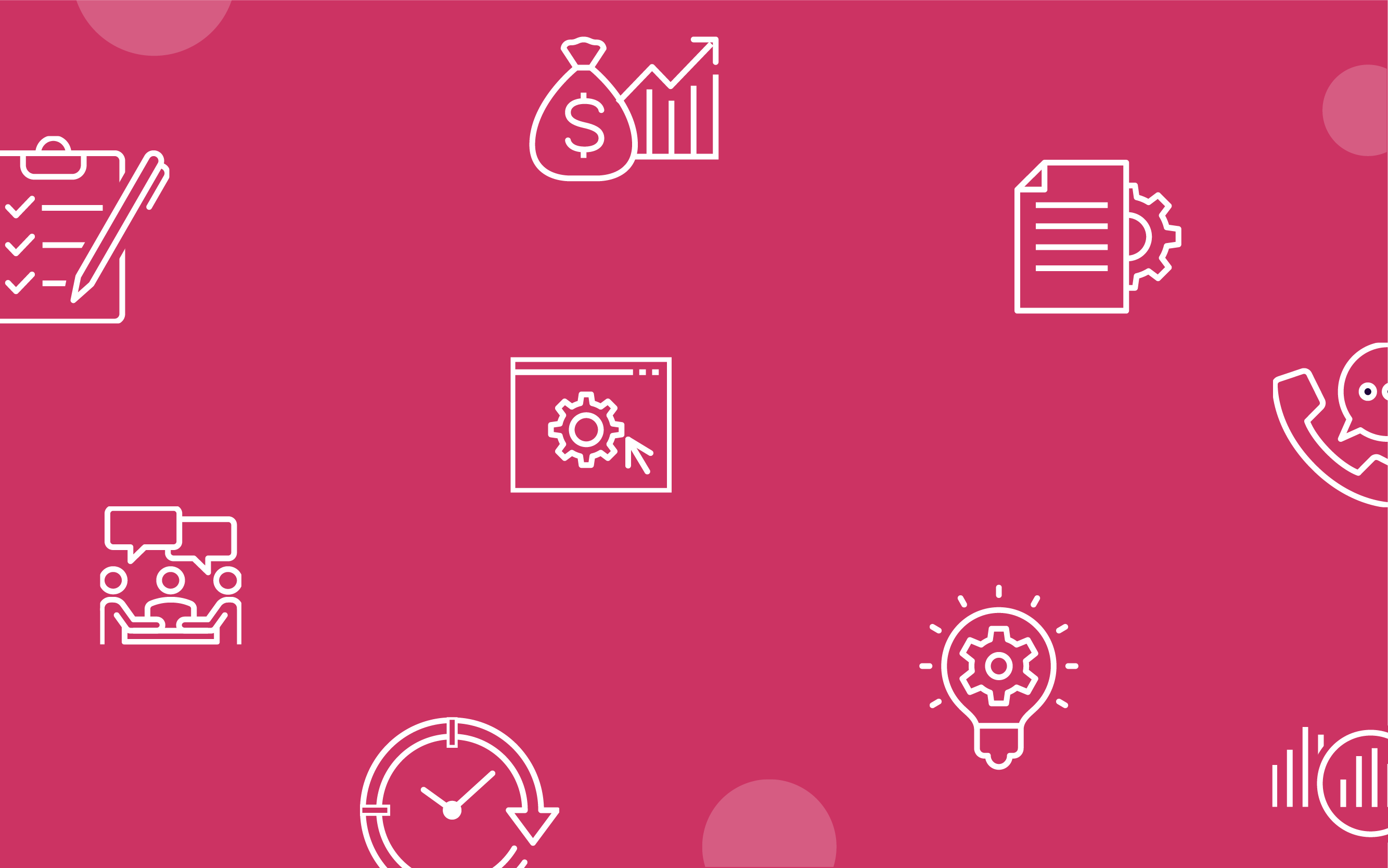 red background with various icons including a bag of money, lightbulb, and a gear