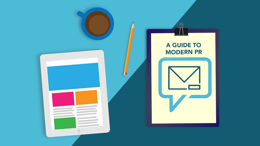 A Guide to Modern PR. Image contents: Illustration of a top view of an iPad, a cup of coffee, and a clipboard with the whitepaper on it.