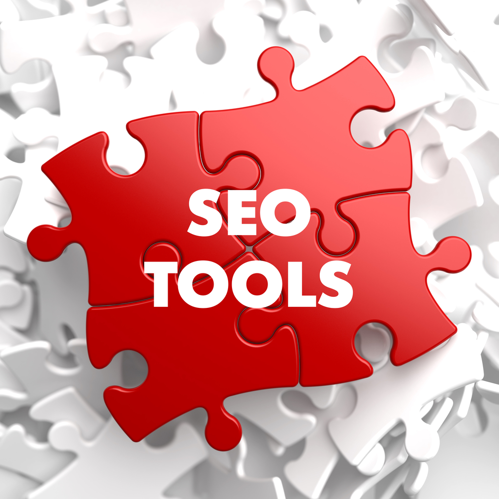 SEO Tools - Inscription on Red Puzzle on white background.
