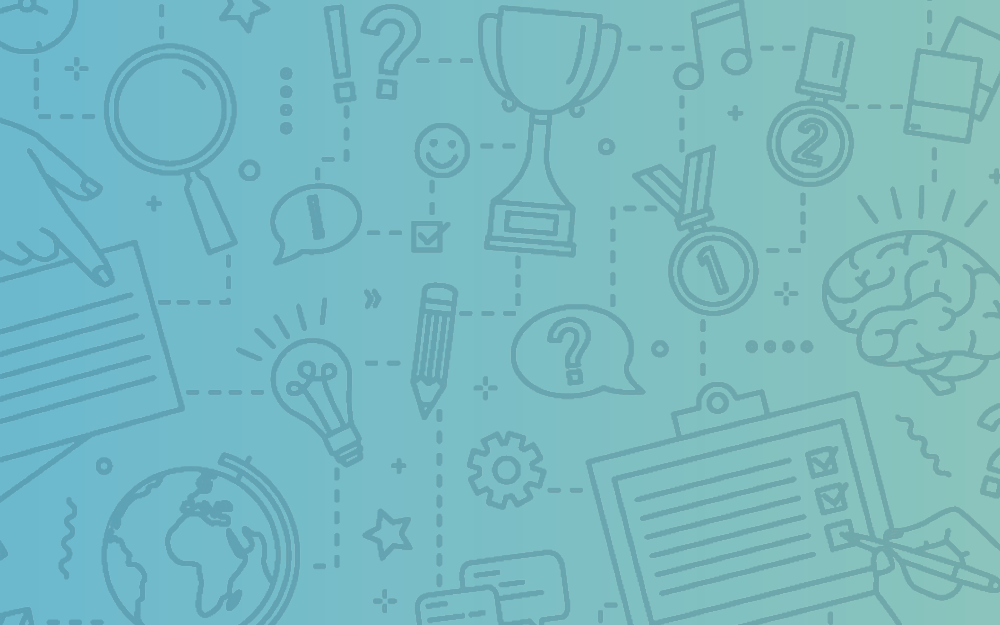 Content Marketing Assessment. Image contents: Blue gradient background. Icons of a light bulb, a checklist, medals, a globe, a brain, a hand, speech bubbles, a smiley face, a gear, and a magnifying glass