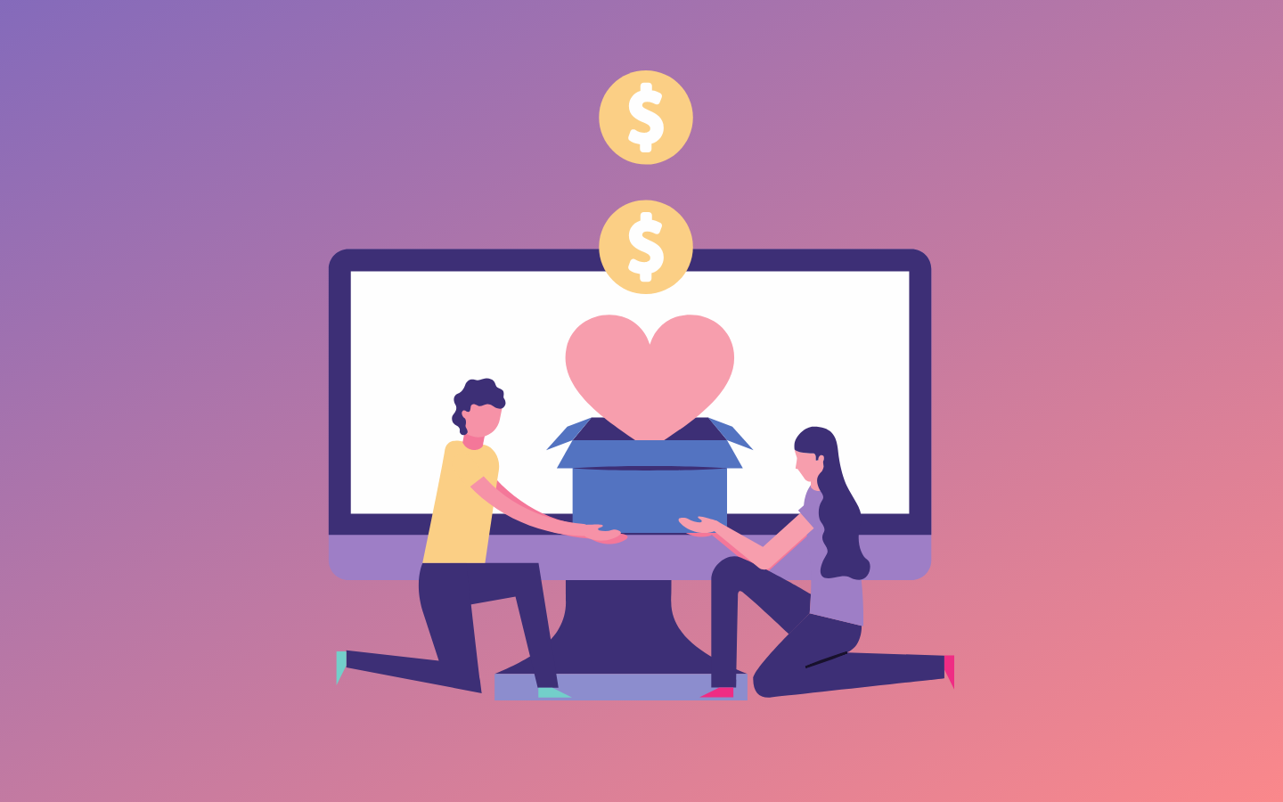 How to Sell When No One Wants to Be Sold To. Image contents: Purple and pink gradient background. Illustration of a computer with two people in front holding a box with a heart and dollar signs coming out of the top of the box.