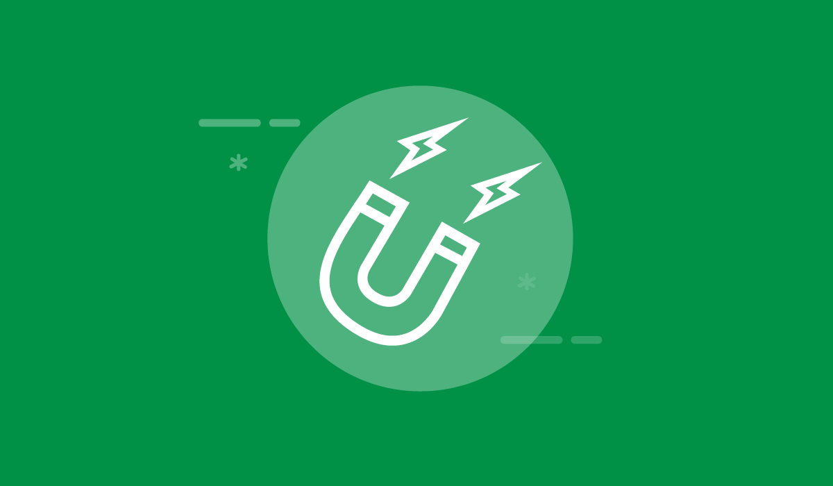 The Ultimate Guide to Content Marketing for Lead Generation. Image contents: Green background. White U-shaped magnet icon with two lightning bolts coming out of the ends.
