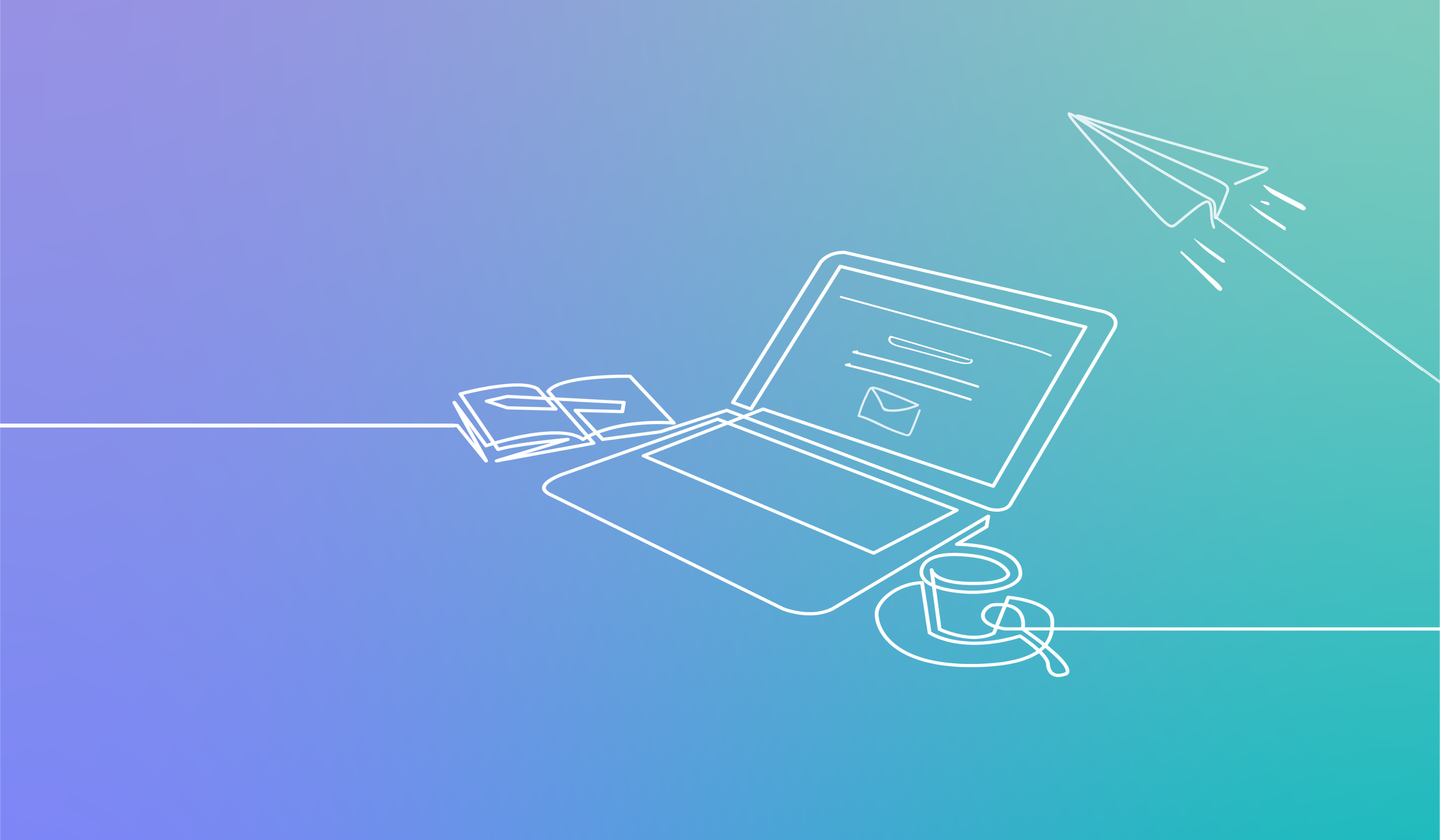 10-Step Guide for Successful Email Marketing. Image contents: Purple and blue gradient background. White line drawing of a laptop, a notebook and pen, a cup of coffee, and a paper airplane.