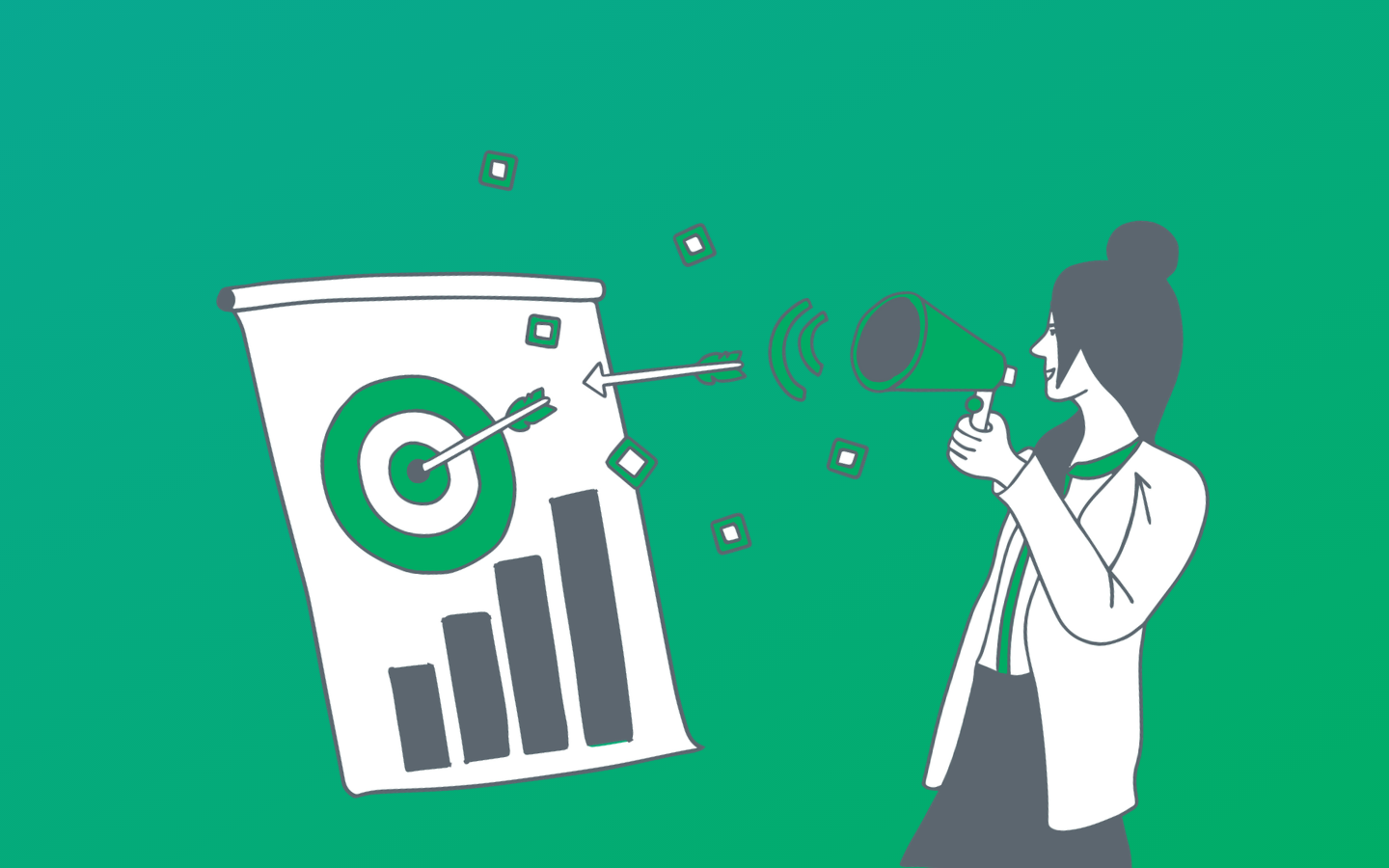 6 Quick, Actionable Tips to Start Seeing Results From Content. Image contents: Green background. Illustration of a person holding a megaphone looking at a piece of paper with a bull's-eye and a bar graph on it.